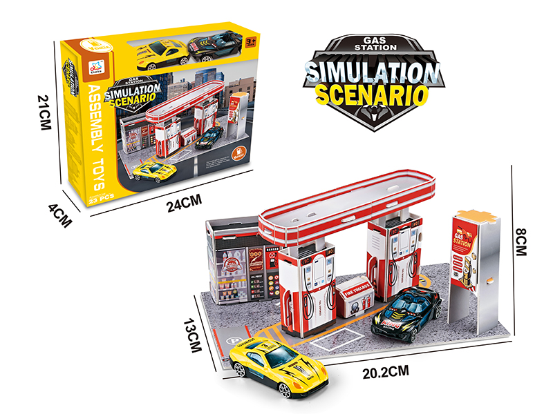 DIY Gas Station Simulation Scene + 2PCS 1:16 Alloy Cars(23PCS)