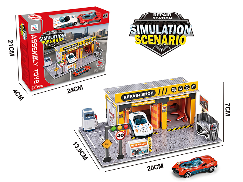 DIY Repair Station Simulation Scene + 2PCS 1:16 Alloy Cars(35PCS)