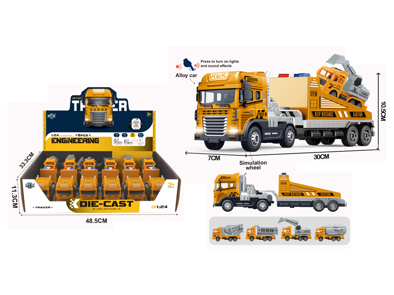 6PCS Friction Alloy Rescue Trailer+Engineering Vehicle