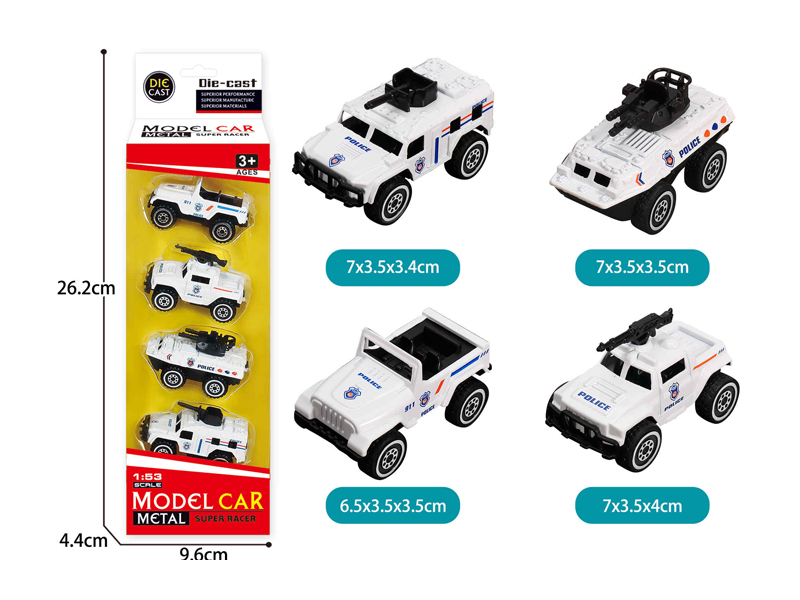 4PCS Alloy Slide White Police Car