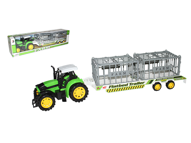 Friction Farm Tractor With Animal Cage Flatbed Trailer