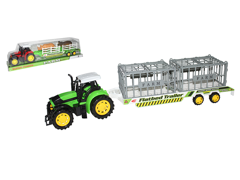 Friction Farm Tractor With Animal Cage Flatbed Trailer