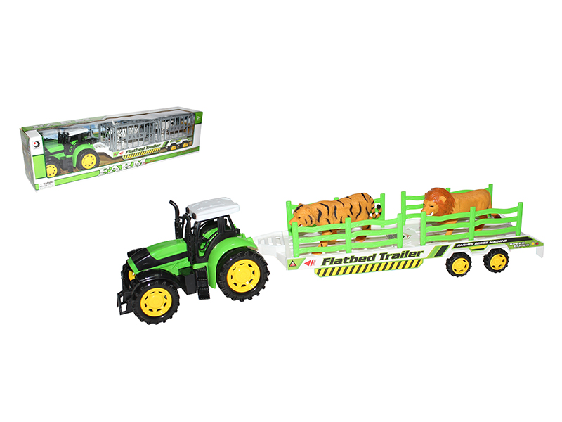 Friction Farm Tractor With Animal Flatbed Trailer(Tiger,Lion)
