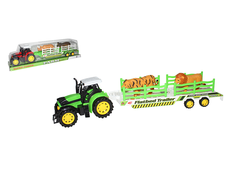 Friction Farm Tractor With Animal Flatbed Trailer(Tiger,Lion)