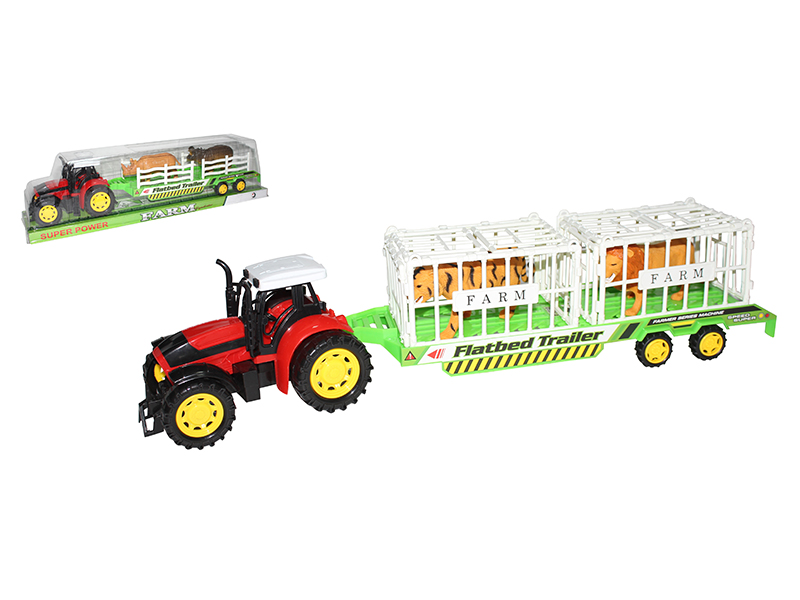 Friction Farm Tractor With Animal Flatbed Trailer(Tiger,Lion)