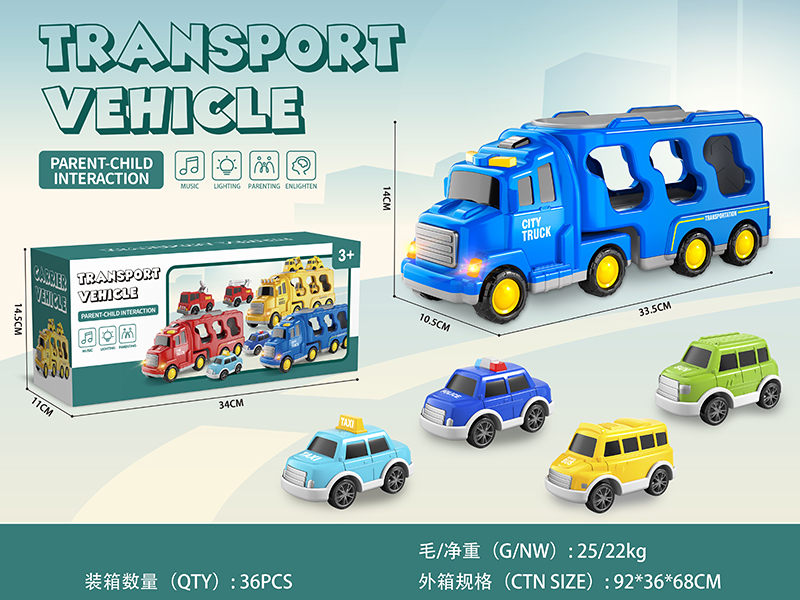 Friction Transport Truck With Lights And Music + Pull Back Cars