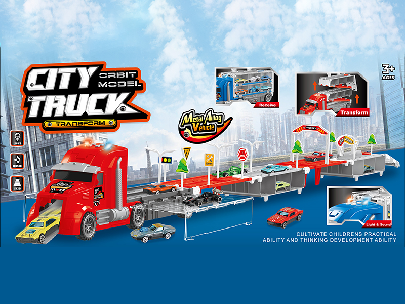 Fold Orbit Model City Truck With Lights And Music(With 6 Slide Alloy Cars)