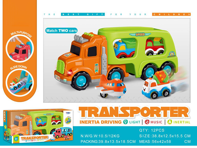 Friction Cartoon Transport Truck With 2 Friction Small Cars
