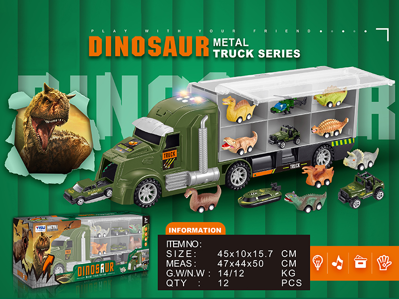 Slide Dinosaur Storage Container Truck With Lights And Music + Alloy Cars + Dinocaur Cars