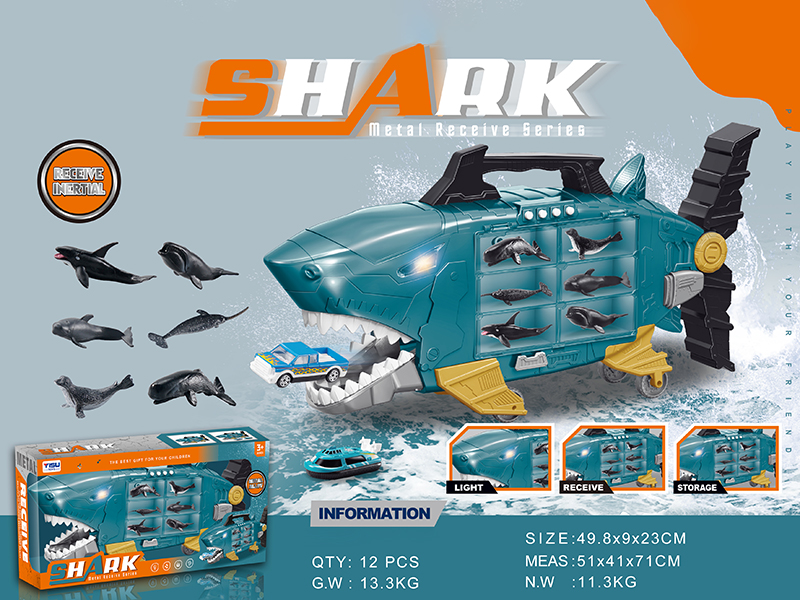 Slide Shark Storage Container Truck With Lights And Music + 2 Alloy Cars + 6 Sea Animals