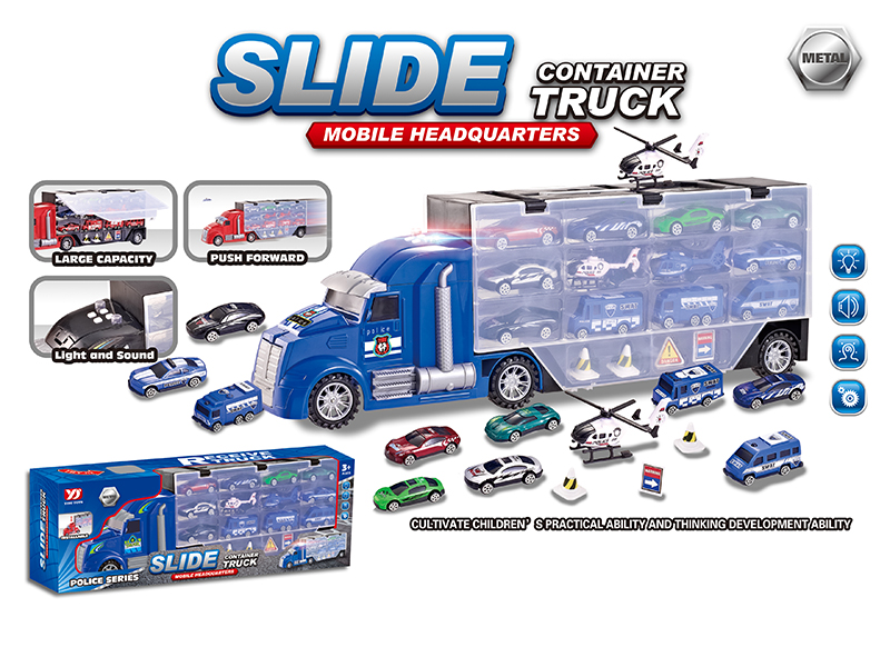 Large Police Storage Container Car With Light And Music + Slide Alloy Samll Cars