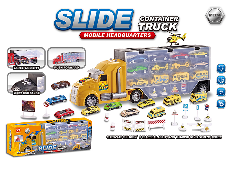 Large Engineering Storage Container Car With Light And Music + Slide Alloy Samll Cars