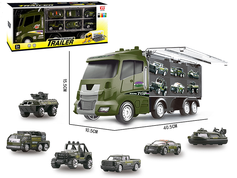 Slide Military Storage Container Truck With Lights And Music + 6 Slide Alloy Cars