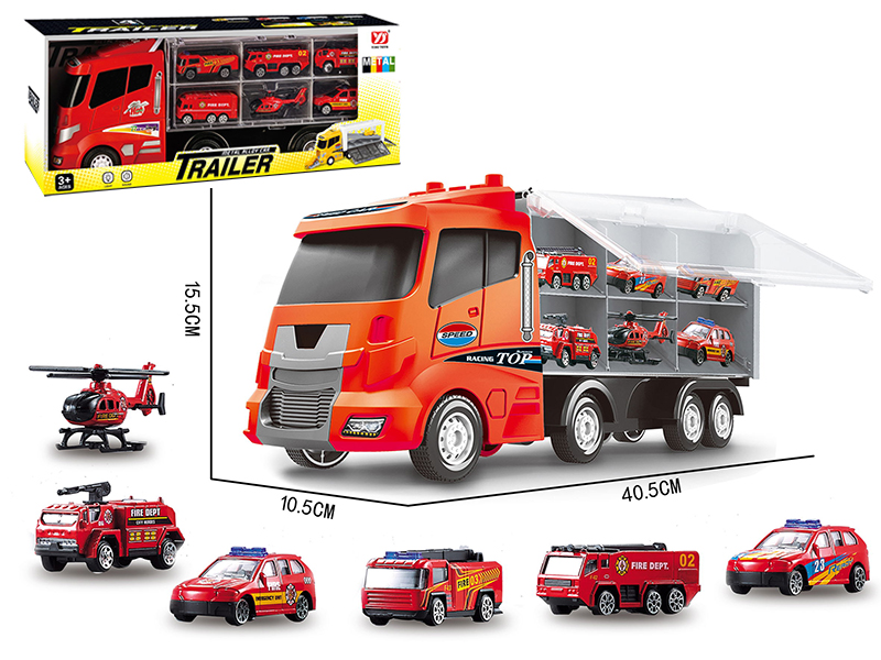 Slide Fire Control Storage Container Truck With Lights And Music + 6 Slide Alloy Cars