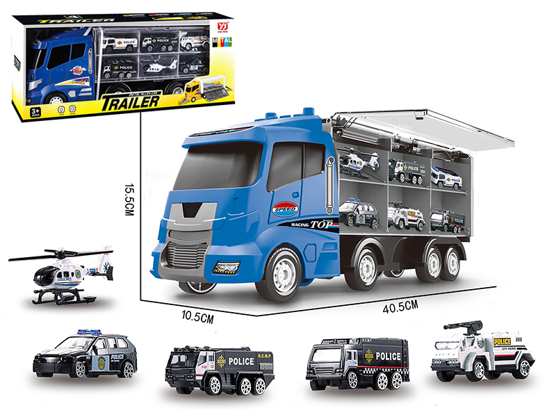 Slide Police Storage Container Truck With Lights And Music + 6 Slide Alloy Cars