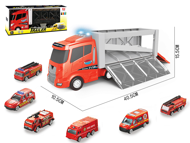 Slide Fire Control Container Truck With Lights And Music + 6 Slide Alloy Cars