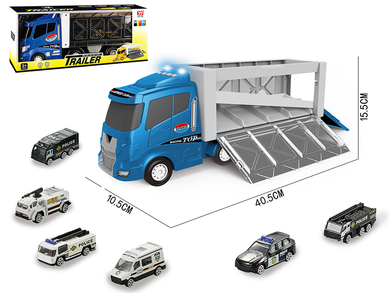 Slide Police Container Truck With Lights And Music + 6 Slide Alloy Cars