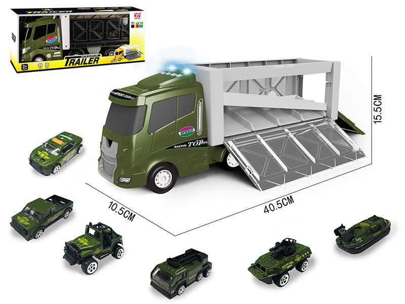 Slide Military Container Truck With Lights And Music + 6 Slide Alloy Cars
