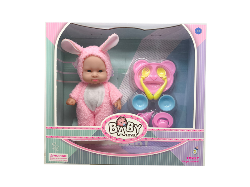 8 Inch Pink Rabbit Solid Vinyl IC Doll With Music(With Plate Set)