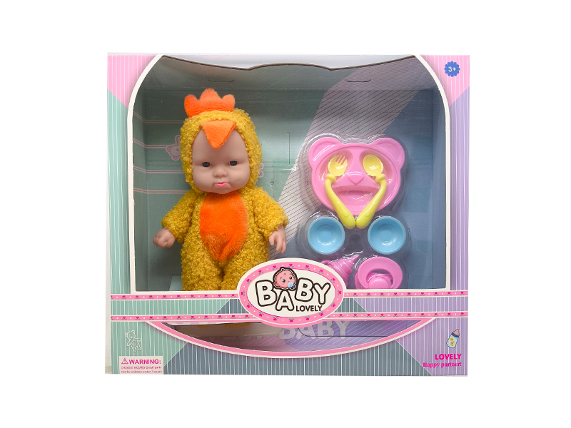 8 Inch Yellow Chicken Solid Vinyl IC Doll With Music(With Plate Set)