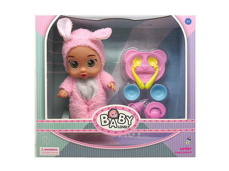 9 Inch Pink Rabbit Solid Vinyl IC Crying Doll With Music(With Plate Set)