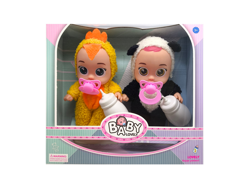 9 Inch Yellow Chicken+Panda Solid Vinyl IC Crying Doll With Music(2PCS)