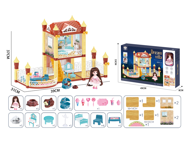 DIY Villa Toys With Light And Music+4.5-Inch Solid Doll(111PCS)