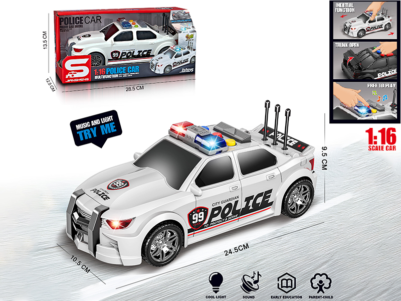 1:16 Friction Police Car With Lights, Sound, Can Open The Trunk