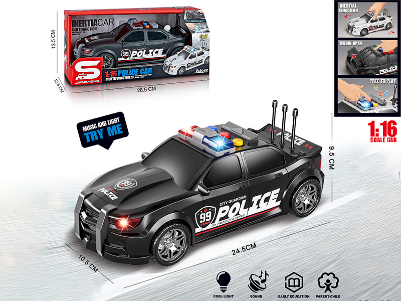 1:16 Friction Police Car With Lights, Sound, Can Open The Trunk