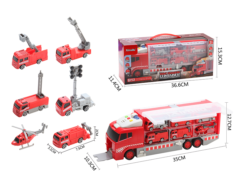 Storage Container Truck With 6 Alloy Fire Engines(Slide Function, With Lights And Music)