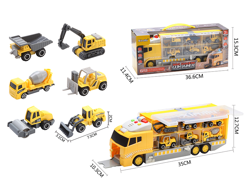 Storage Container Truck With 6 Alloy Engineering Trucks(Slide Function, With Lights And Music)