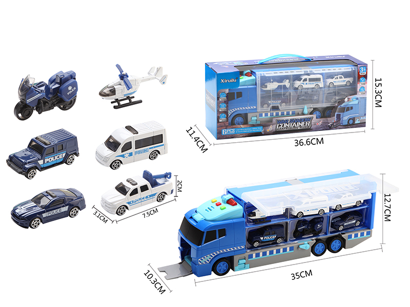 Storage Container Truck With 6 Alloy Police Cars(Slide Function, With Lights And Music)