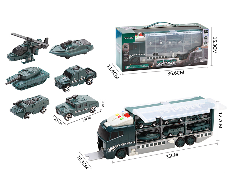 Storage Container Truck With 6 Alloy Military Trucks(Slide Function, With Lights And Music)