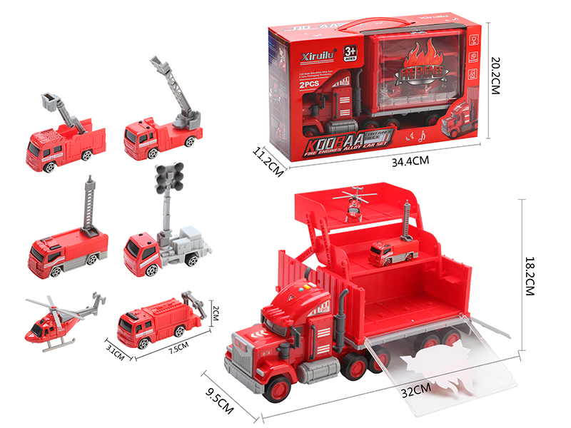 Storage Container Truck With 2 Alloy Fire Engines(Friction Function, With Lights And Music)