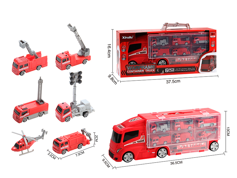 Double-Sided Storage Container Truck With 6 Alloy Fire Engines(Slide Function, With Lights And Music)