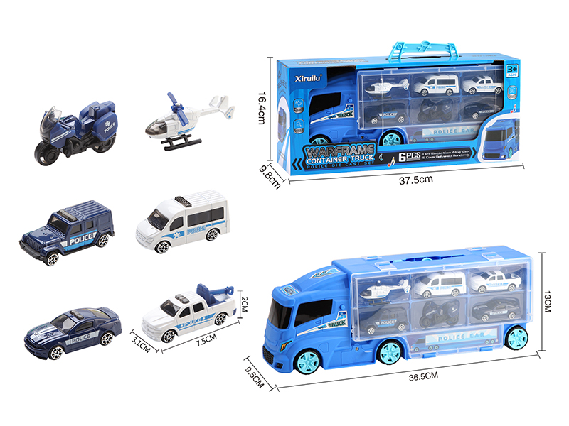 Double-Sided Storage Container Truck With 6 Alloy Police Cars(Slide Function, With Lights And Music)
