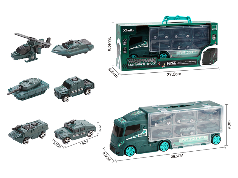 Double-Sided Storage Container Truck With 6 Alloy Military Trucks(Slide Function, With Lights And Music)