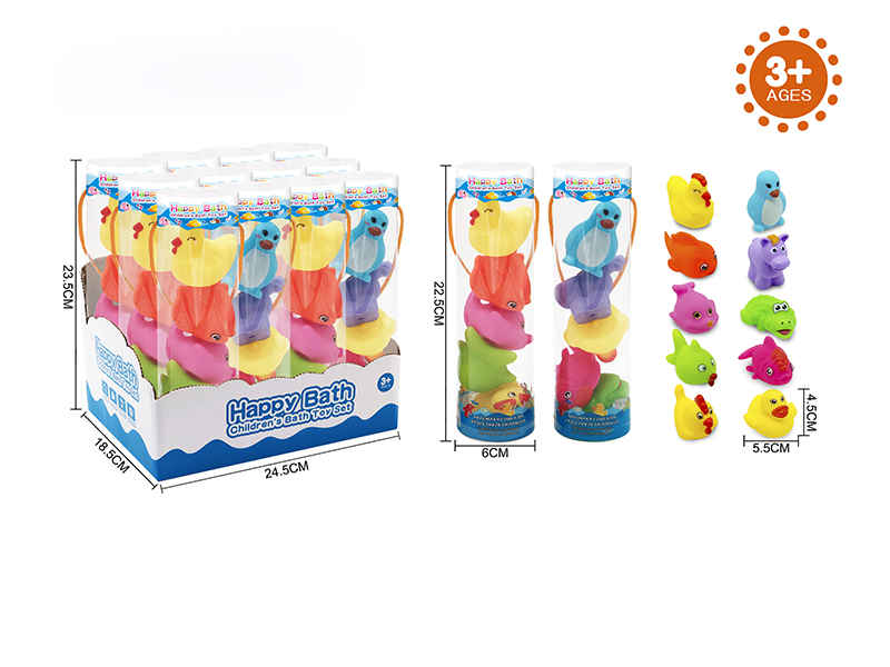 Environmental Children's Bath Toy Animals Set With Whistle 5pcs(12 Cylinder/Box)