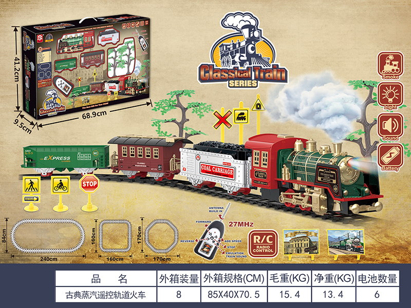 Remote Control Classical Steam Rail Train With Accessories(Lights & Music, Smoke)