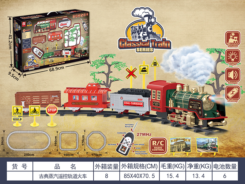Remote Control Classical Steam Rail Train With Accessories(Lights & Music, Smoke)