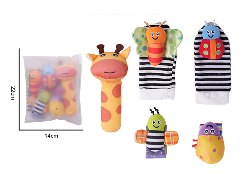 Baby Cartoon Bee Butterfly Rattle Socks/Wrist Strap/Giraffe Rattle Set (5-Piece Set)
