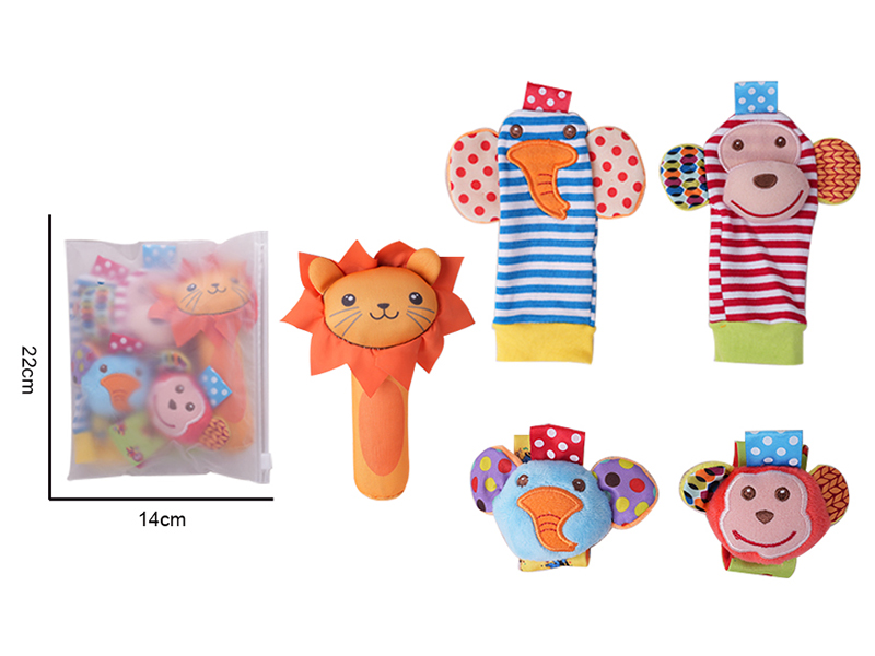 Baby Cartoon Monkey Elephant Rattle Socks/Wrist Strap/Lion Rattle Set (5-Piece Set)