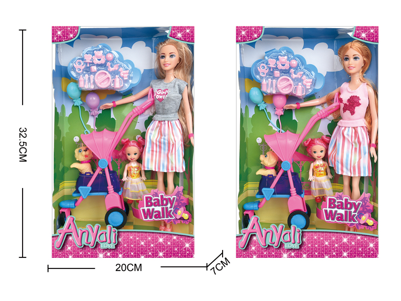 Fashion Doll Dog Walking Baby Set