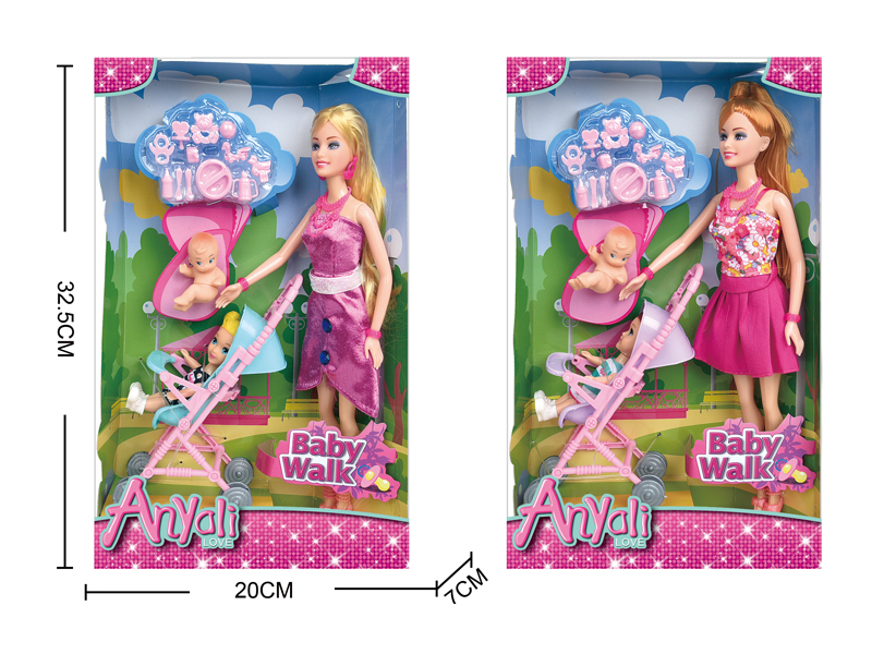 Fashion Doll Dog Walking Baby Set