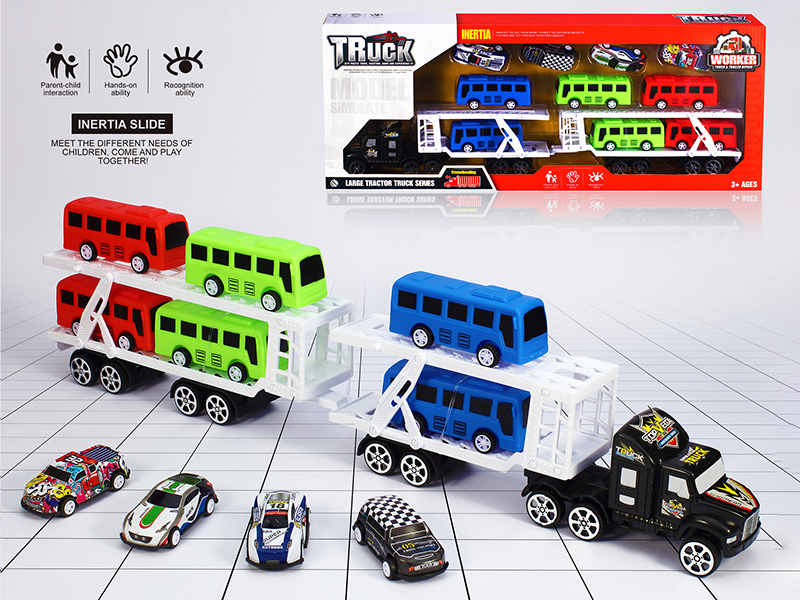 Friction Transport Truck With 6 Buses, 3 Metal Cars