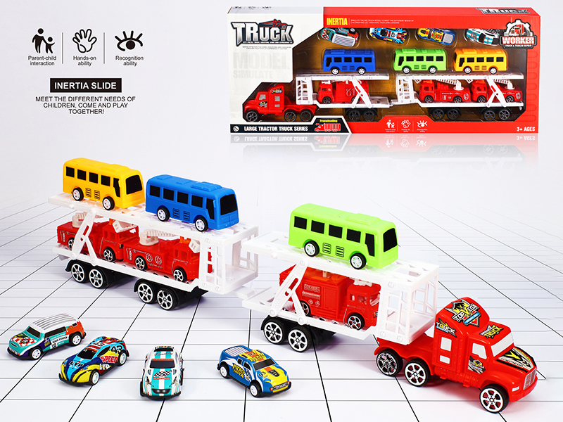 Friction Transport Truck With 3 Buses, 3 Fire Engines, 4 Metal Cars