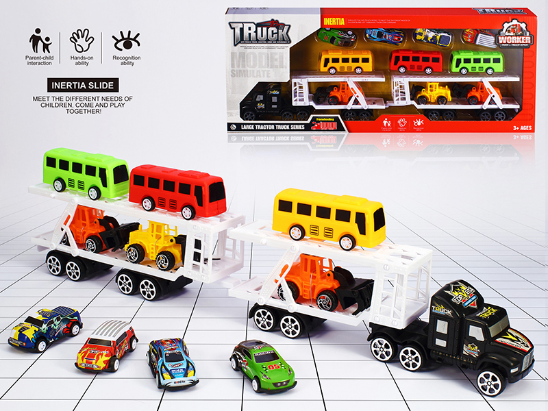 Friction Transport Truck With 3 Buses, 3 Engineering Trucks, 4 Metal Cars