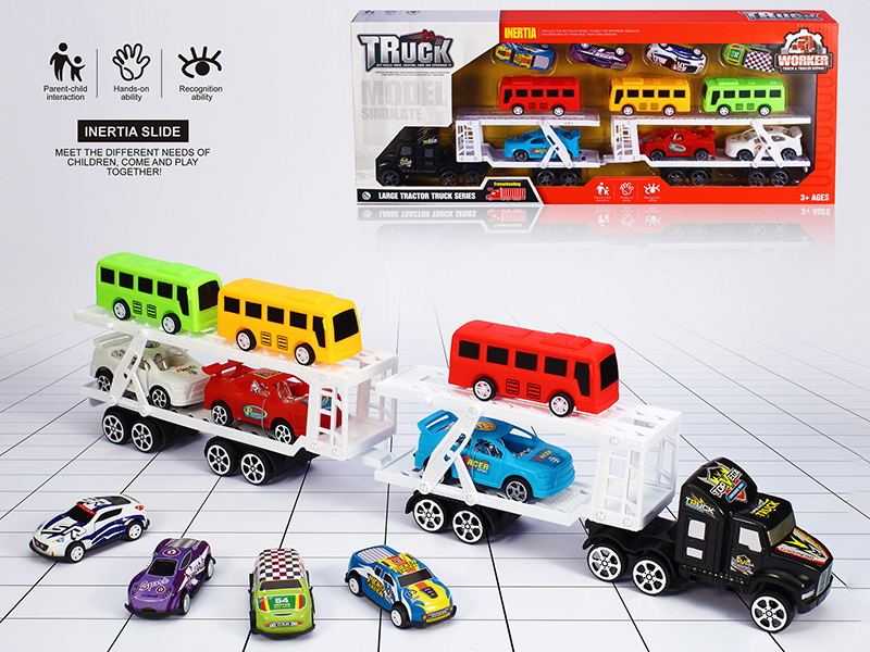 Friction Transport Truck With 3 Buses, 3 Racing Cars, 4 Metal Cars