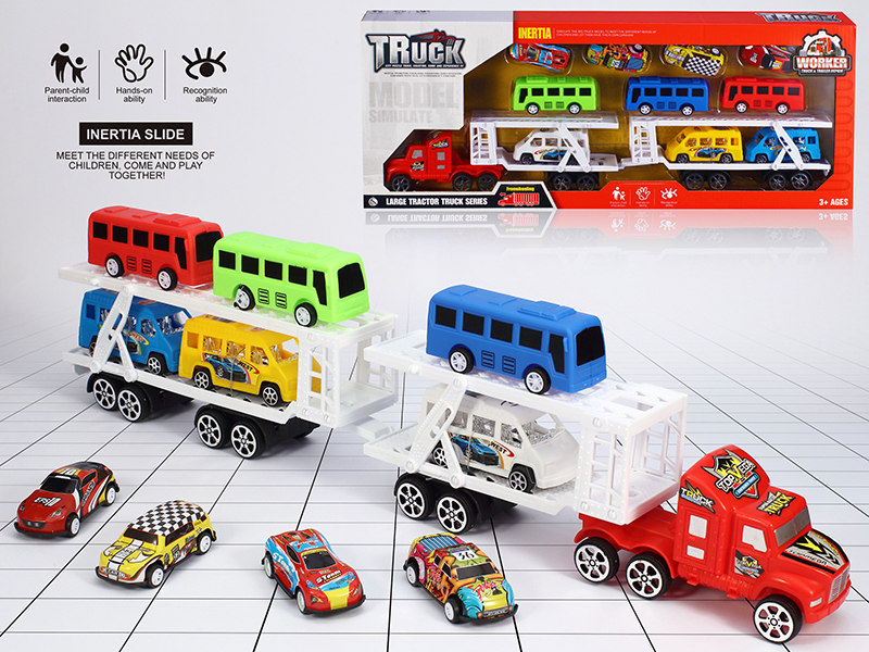 Friction Transport Truck With 3 Buses, 3 Business Cars, 4 Metal Cars