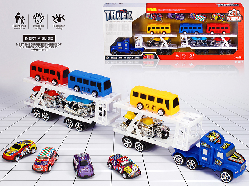 Friction Transport Truck With 3 Buses, 3 Harley Motorcycles, 4 Metal Cars